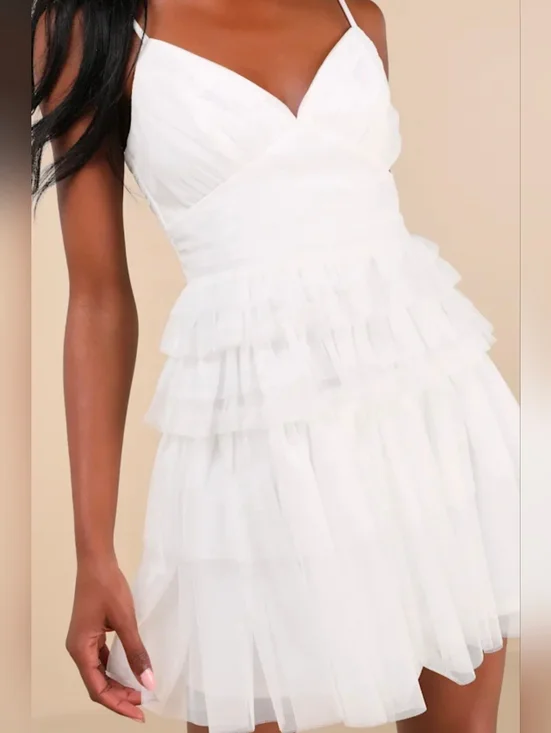 Lulus XS Special Poise White Tulle Pleated Sleeveless Tiered Mini Dress, Size XS - Picture 7 of 10